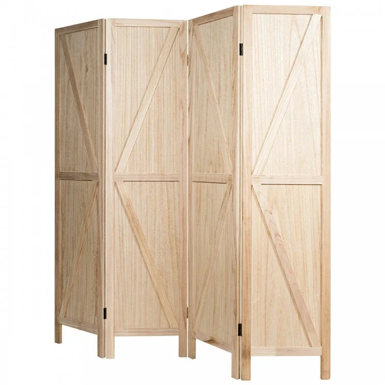 4-Panel Rustic Folding Wooden Room Divider with V-Shaped Design - Natural