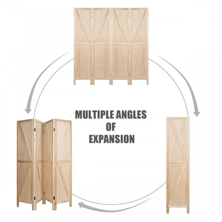 4-Panel Rustic Folding Wooden Room Divider with V-Shaped Design - Natural