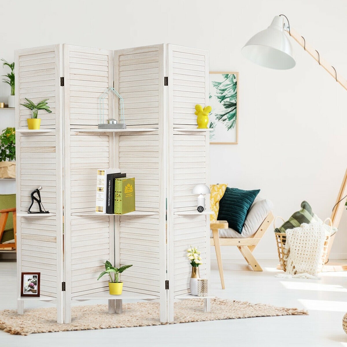 4-Panel Folding Room Divider with 3 Storage Shelves - White