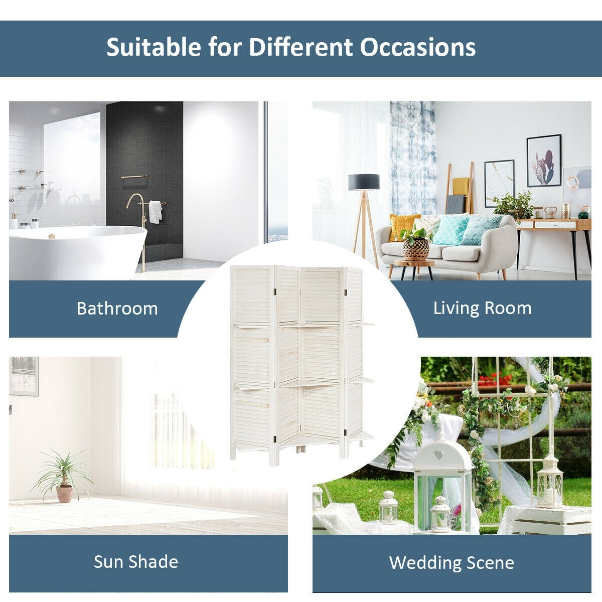 4-Panel Folding Room Divider with 3 Storage Shelves - White
