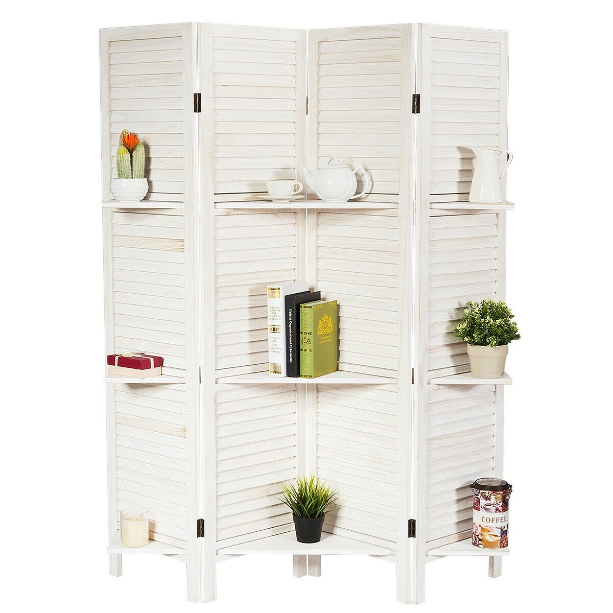4-Panel Folding Room Divider with 3 Storage Shelves - White
