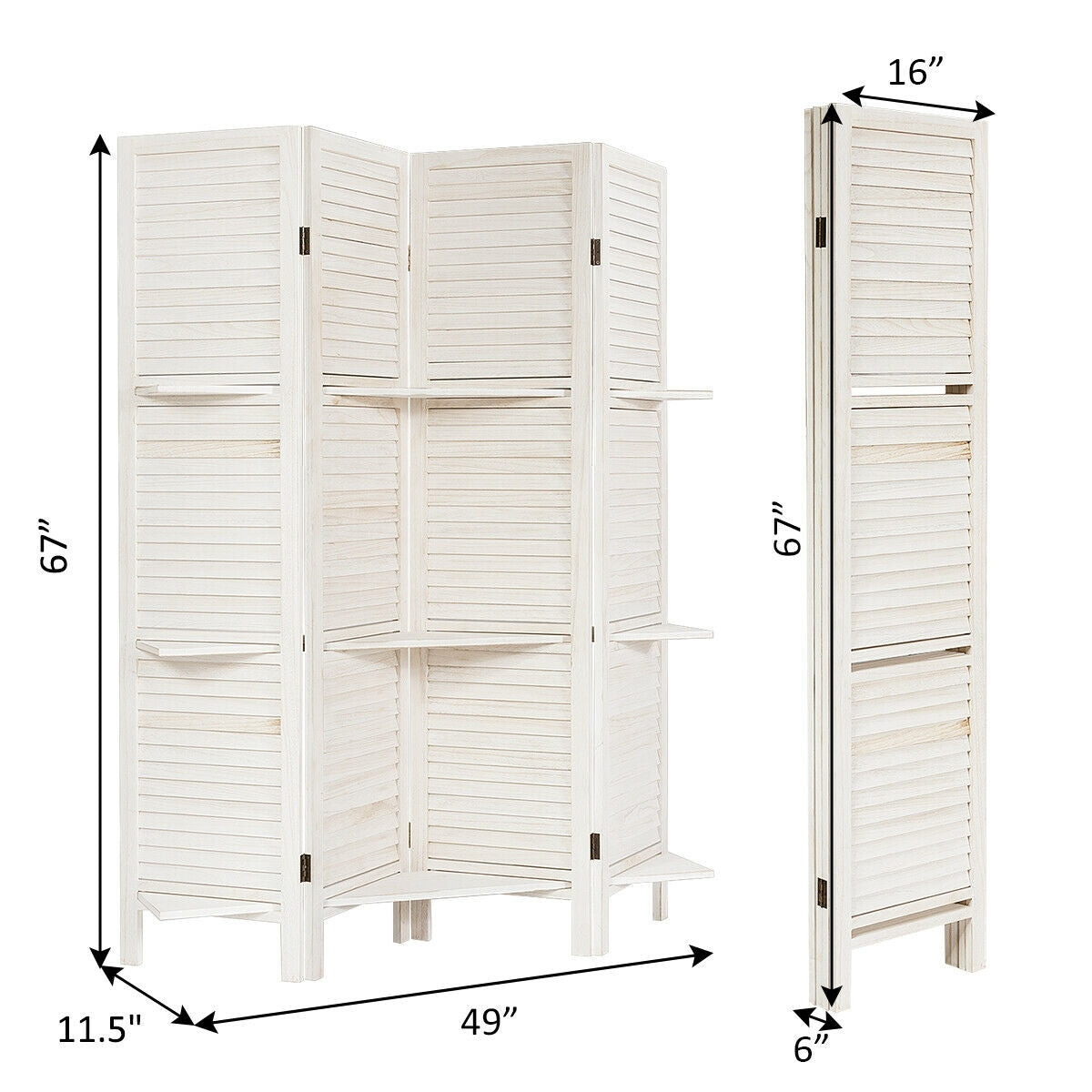 4-Panel Folding Room Divider with 3 Storage Shelves - White