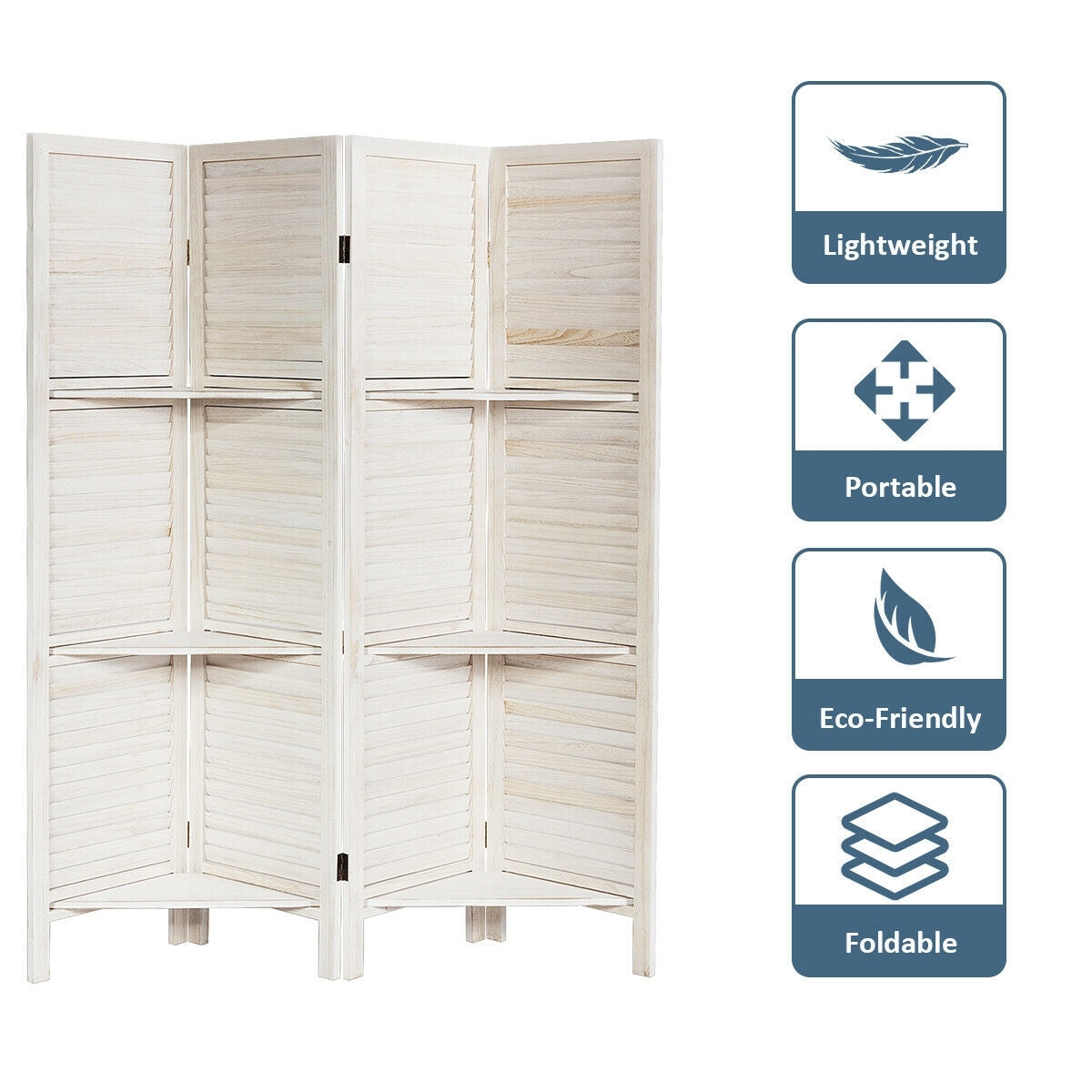 4-Panel Folding Room Divider with 3 Storage Shelves - White