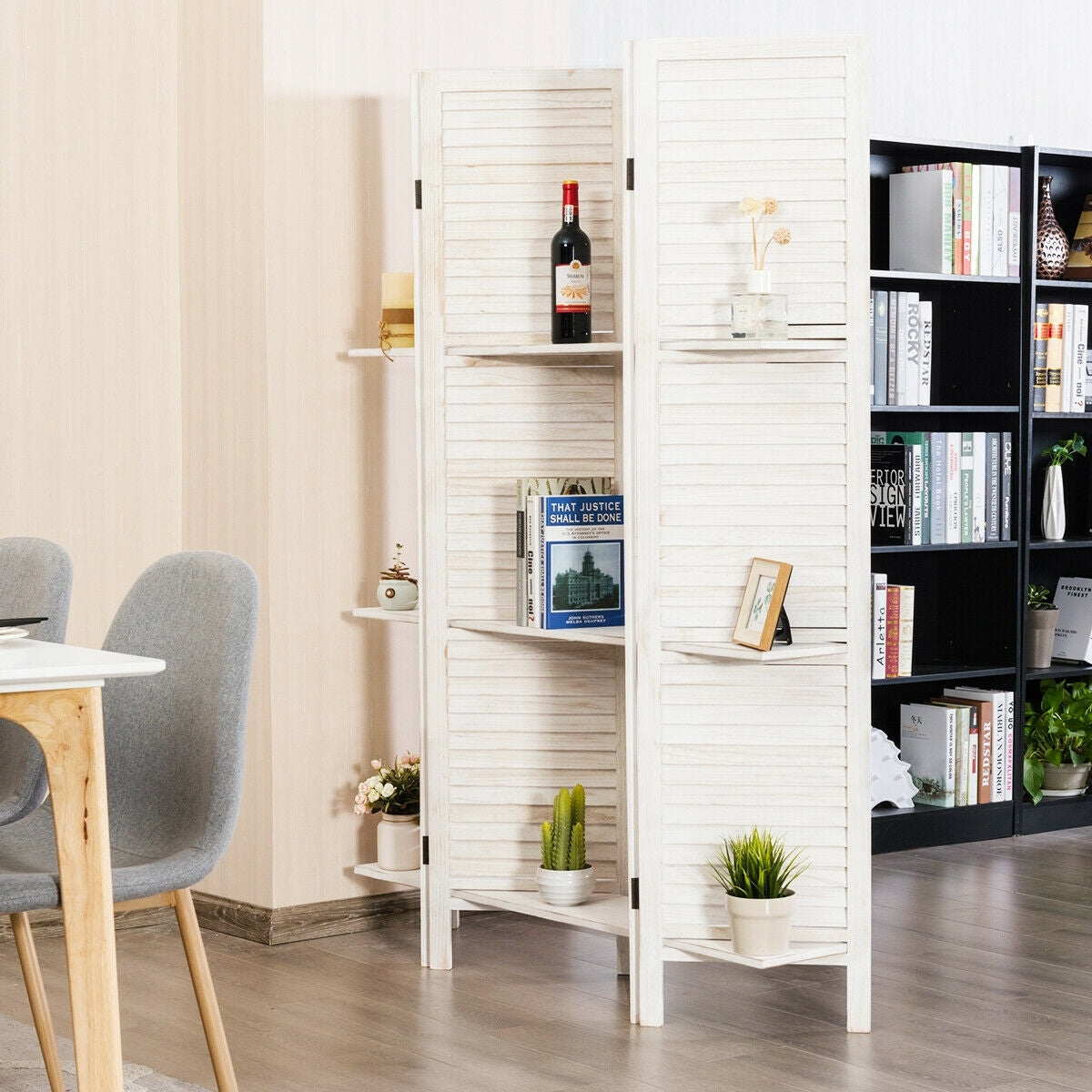 4-Panel Folding Room Divider with 3 Storage Shelves - White