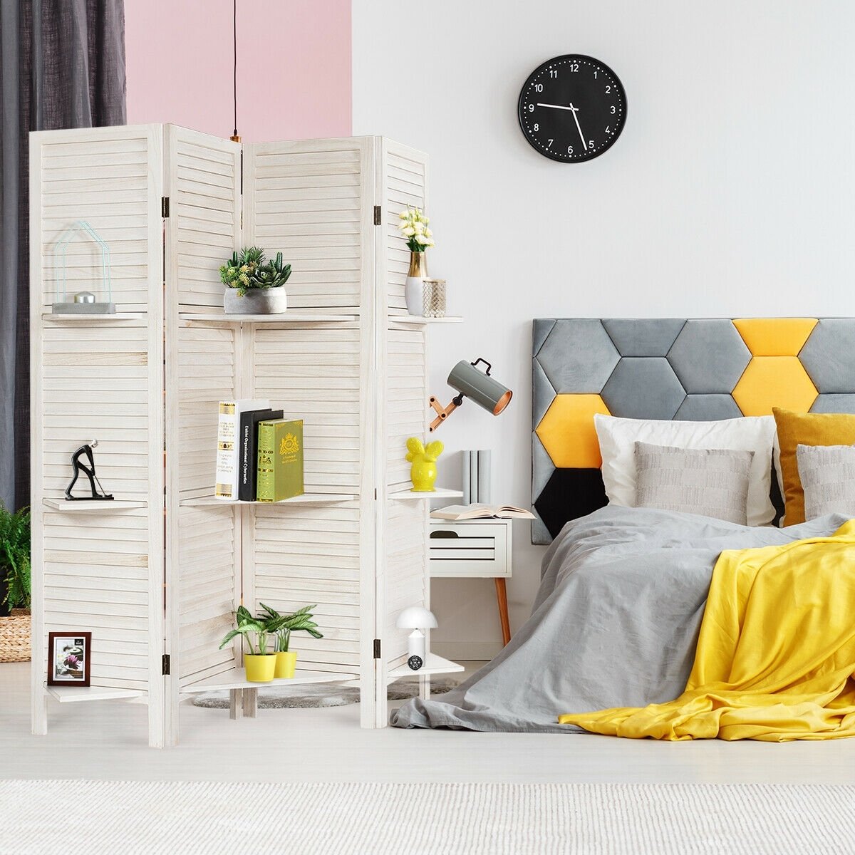 4-Panel Folding Room Divider with 3 Storage Shelves - White