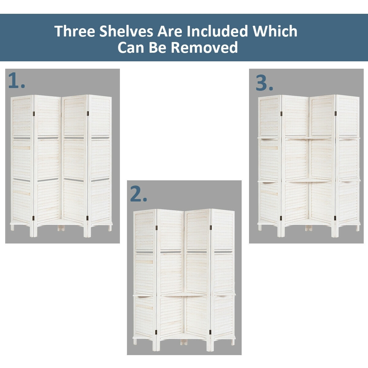 4-Panel Folding Room Divider with 3 Storage Shelves - White