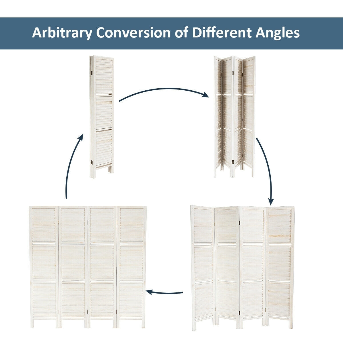 4-Panel Folding Room Divider with 3 Storage Shelves - White