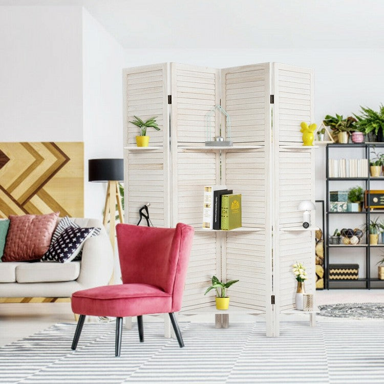 4-Panel Folding Room Divider with 3 Storage Shelves - White