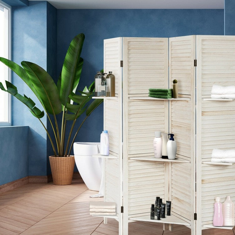 4-Panel Folding Room Divider with 3 Storage Shelves - White