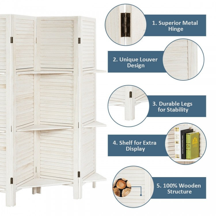 4-Panel Folding Room Divider with 3 Storage Shelves - White