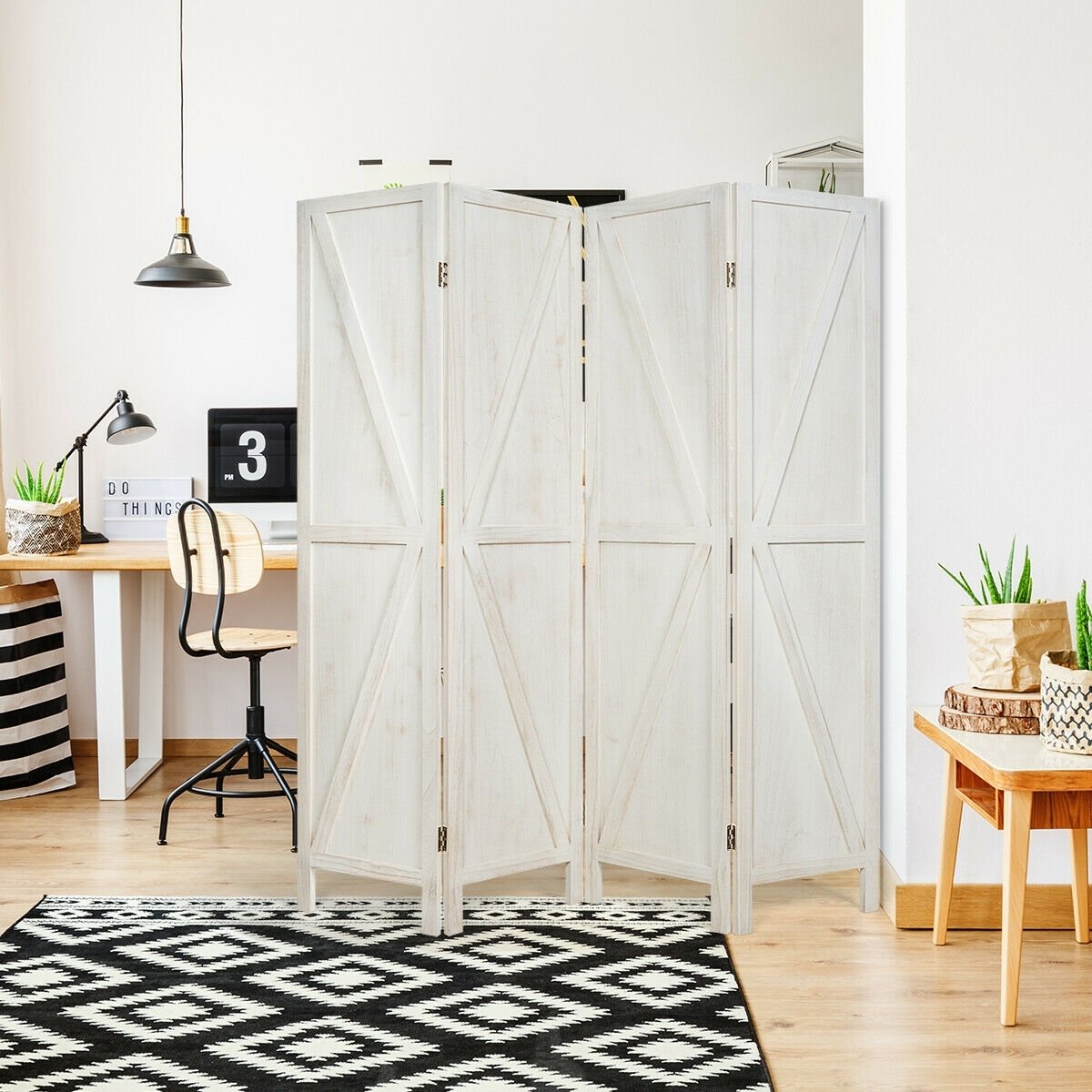 4-Panel Rustic Folding Wooden Room Divider with V-Shaped Design - White