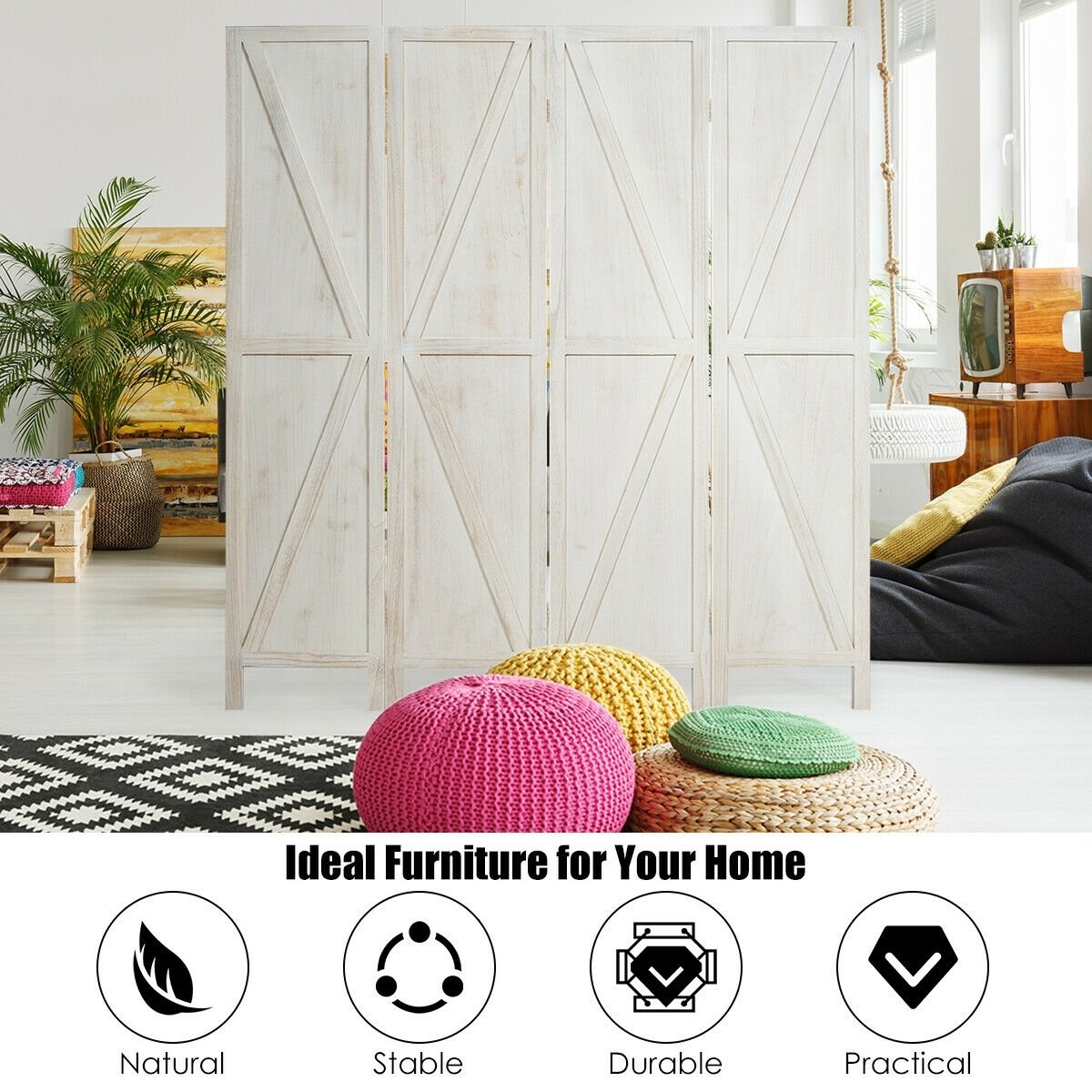 4-Panel Rustic Folding Wooden Room Divider with V-Shaped Design - White