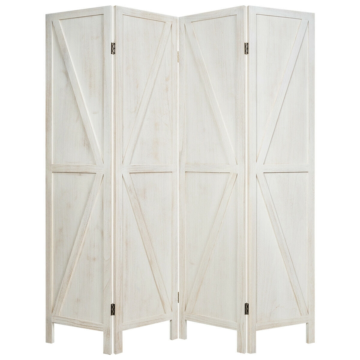 4-Panel Rustic Folding Wooden Room Divider with V-Shaped Design - White