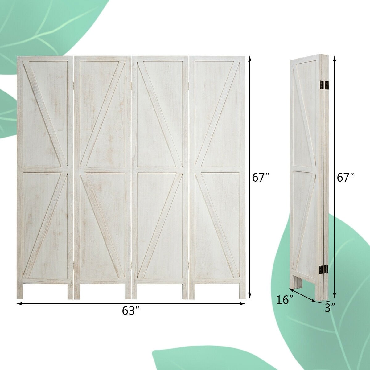 4-Panel Rustic Folding Wooden Room Divider with V-Shaped Design - White
