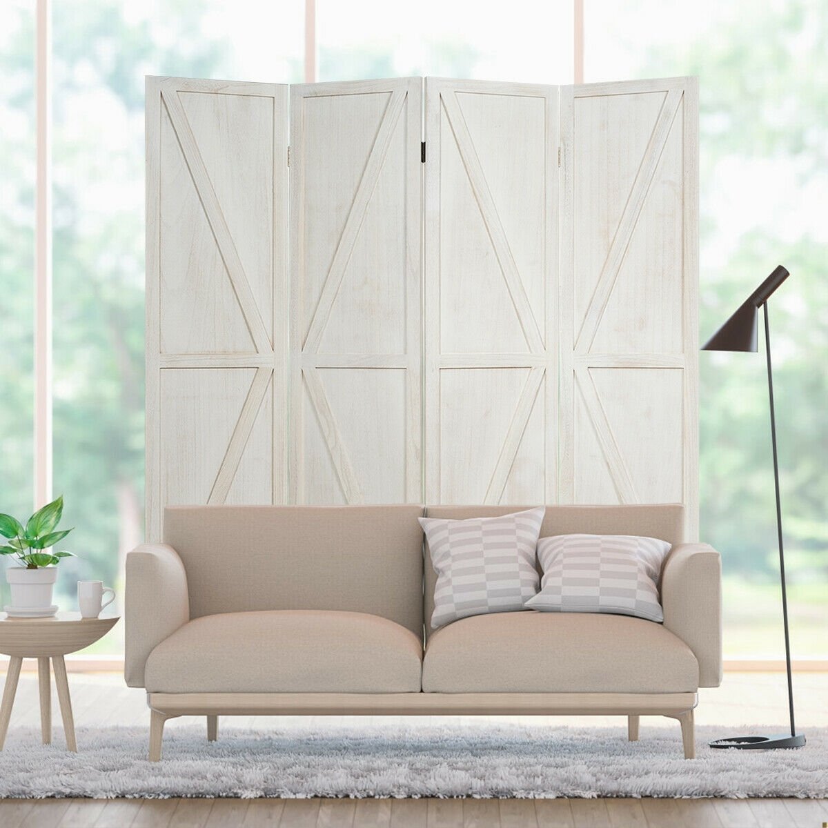 4-Panel Rustic Folding Wooden Room Divider with V-Shaped Design - White