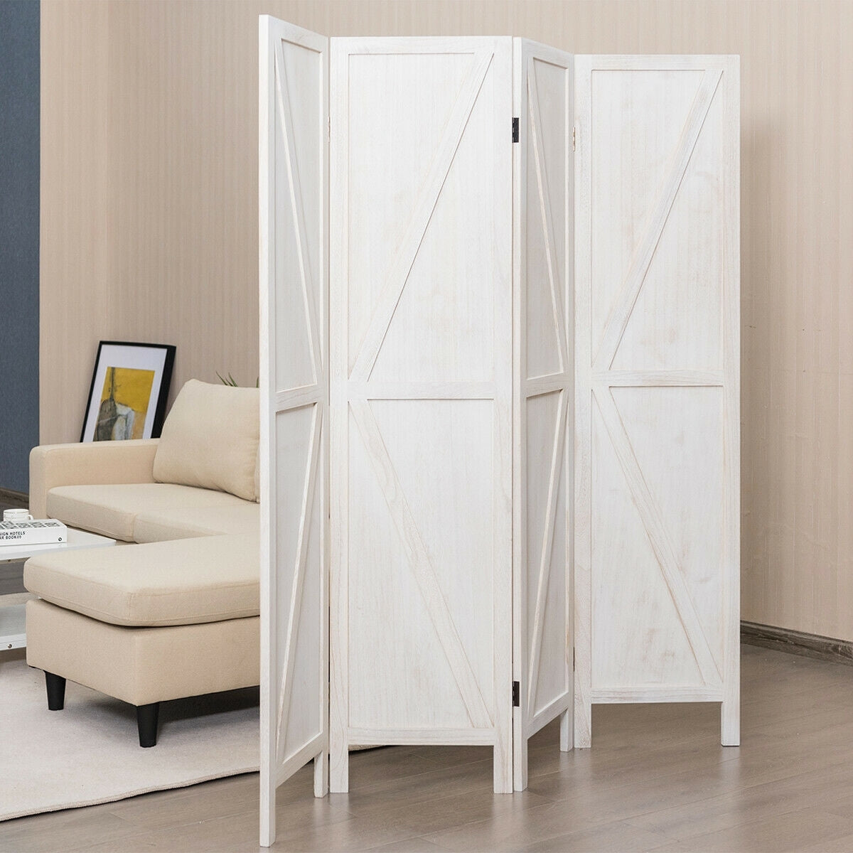 4-Panel Rustic Folding Wooden Room Divider with V-Shaped Design - White