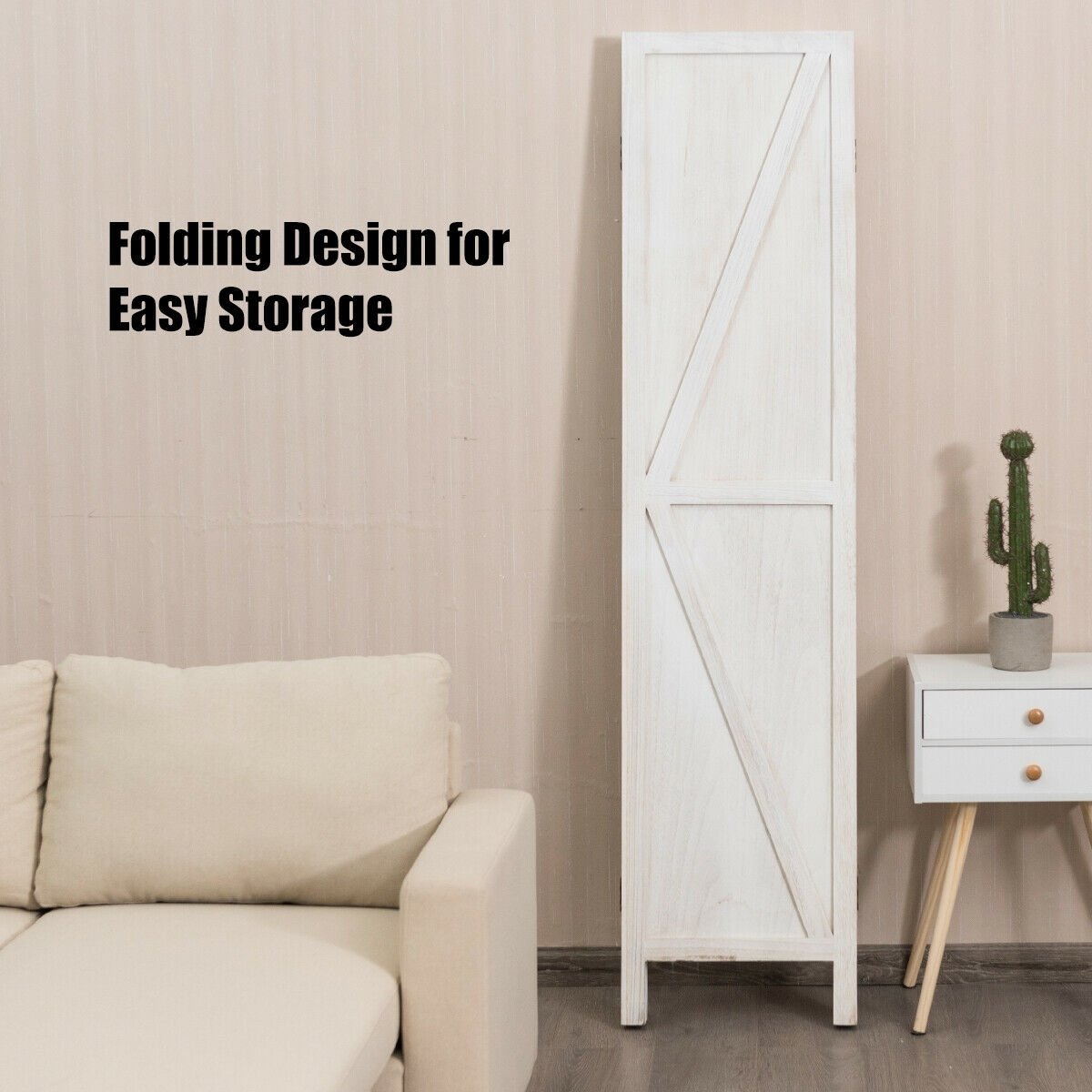 4-Panel Rustic Folding Wooden Room Divider with V-Shaped Design - White