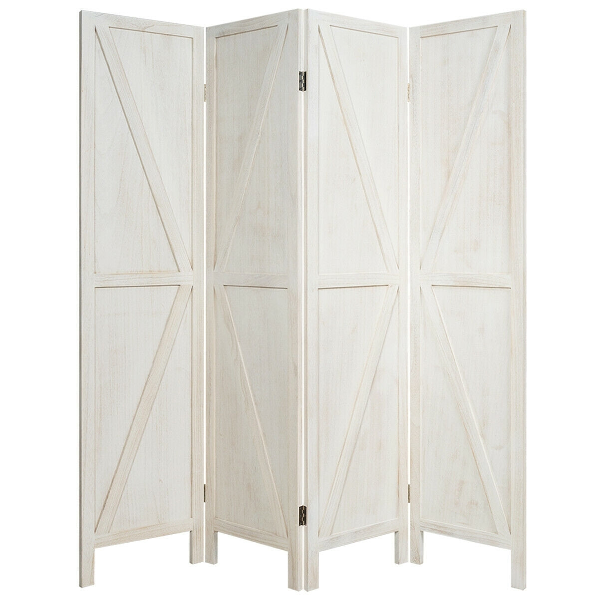 4-Panel Rustic Folding Wooden Room Divider with V-Shaped Design - White