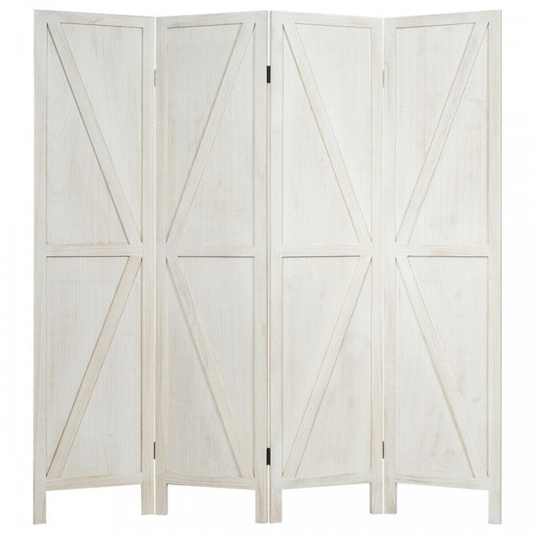 4-Panel Rustic Folding Wooden Room Divider with V-Shaped Design - White