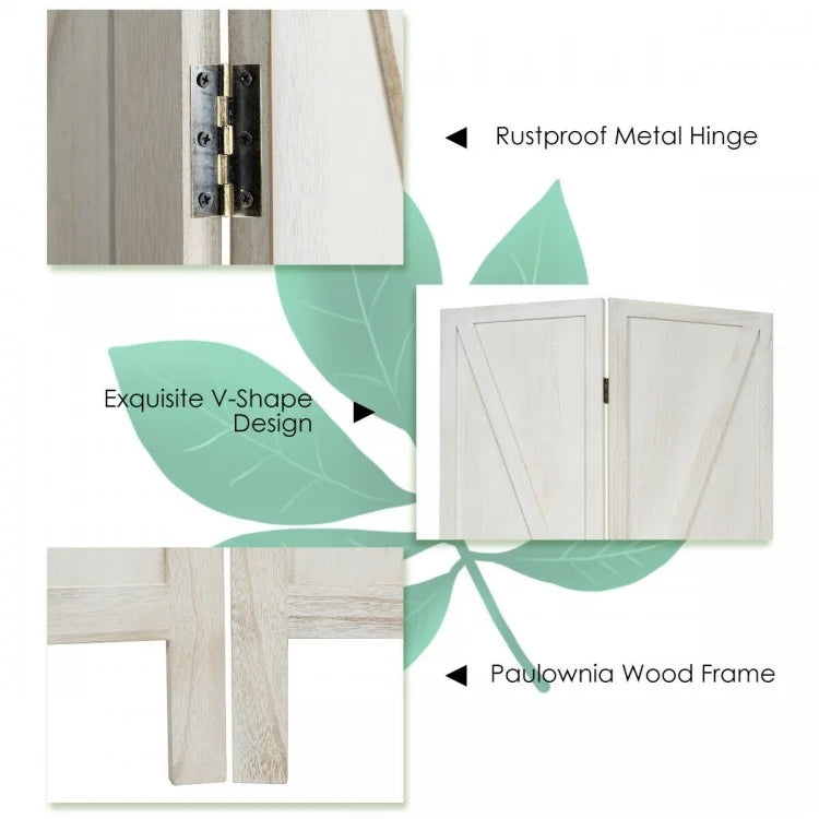 4-Panel Rustic Folding Wooden Room Divider with V-Shaped Design - White