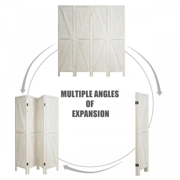 4-Panel Rustic Folding Wooden Room Divider with V-Shaped Design - White