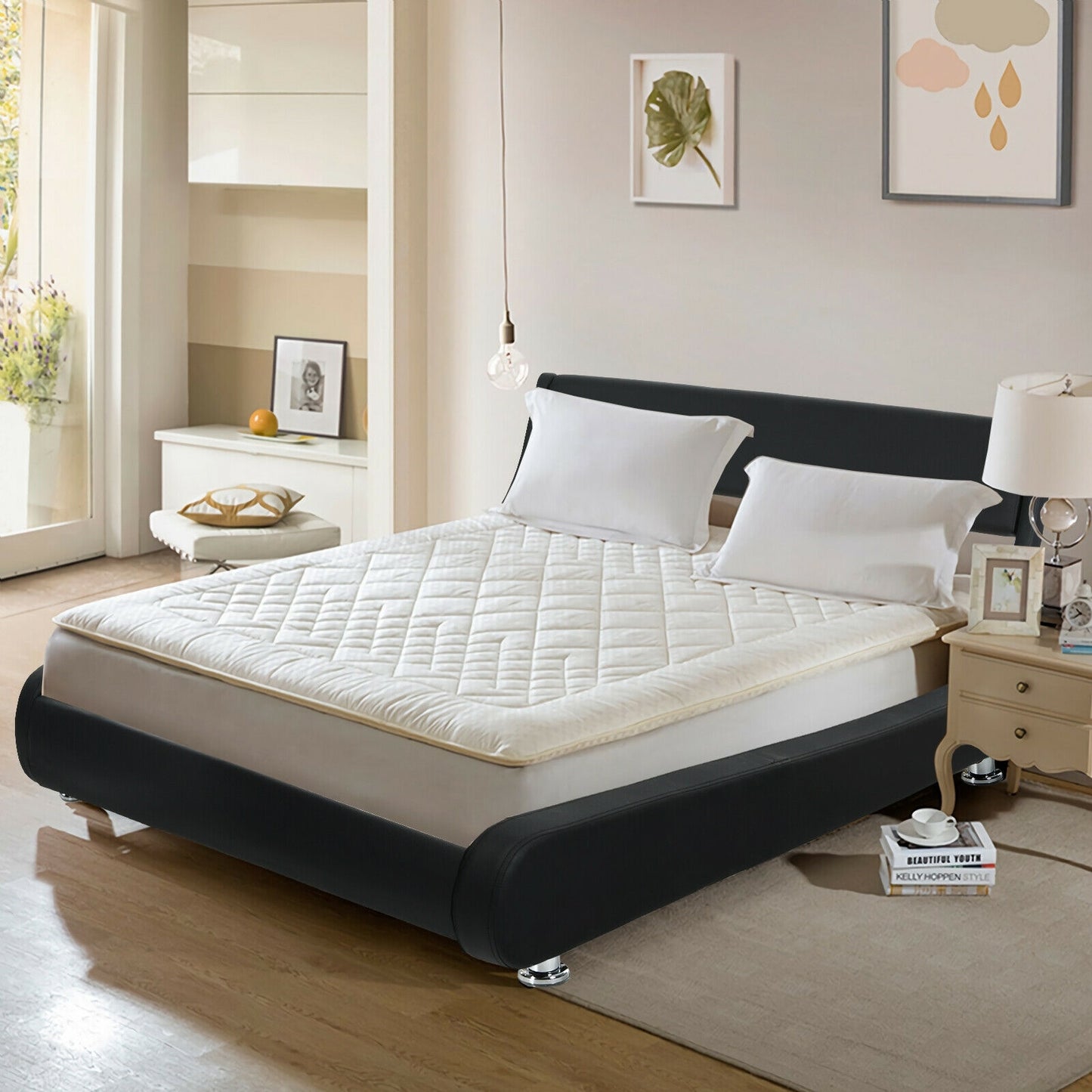 Modern Full Size Upholstered Platform Bed with Adjustable PU Leather Headboard – Black