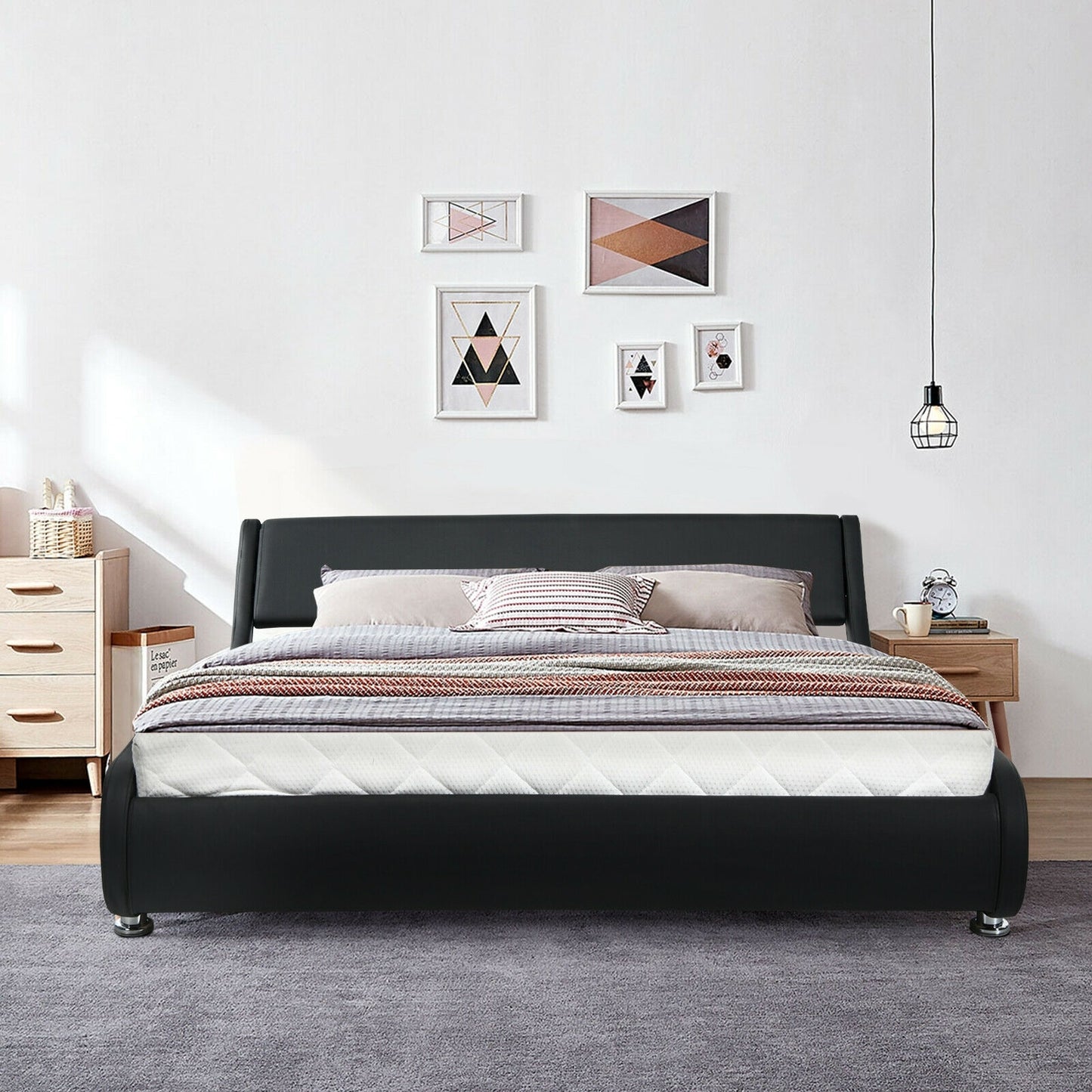 Modern Full Size Upholstered Platform Bed with Adjustable PU Leather Headboard – Black