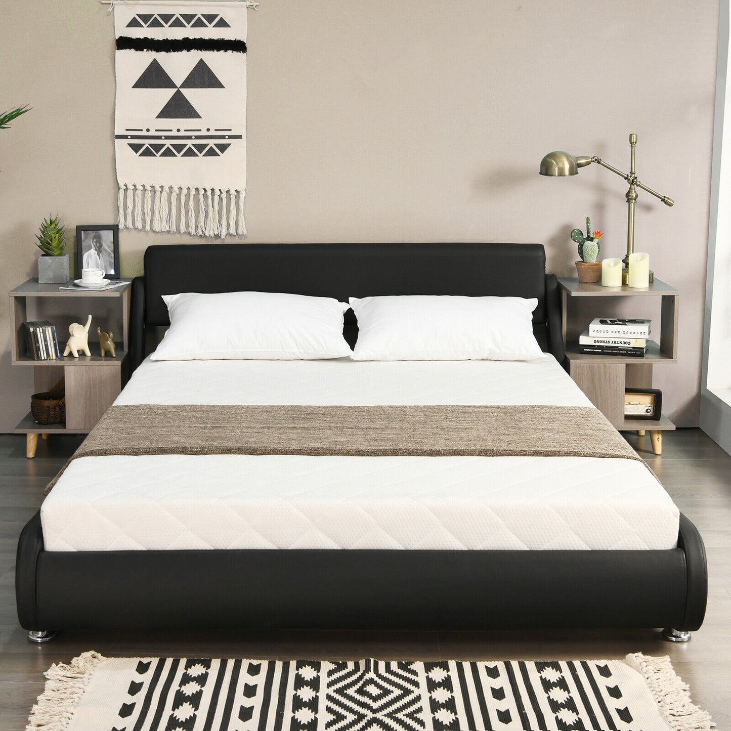 Modern Full Size Upholstered Platform Bed with Adjustable PU Leather Headboard – Black