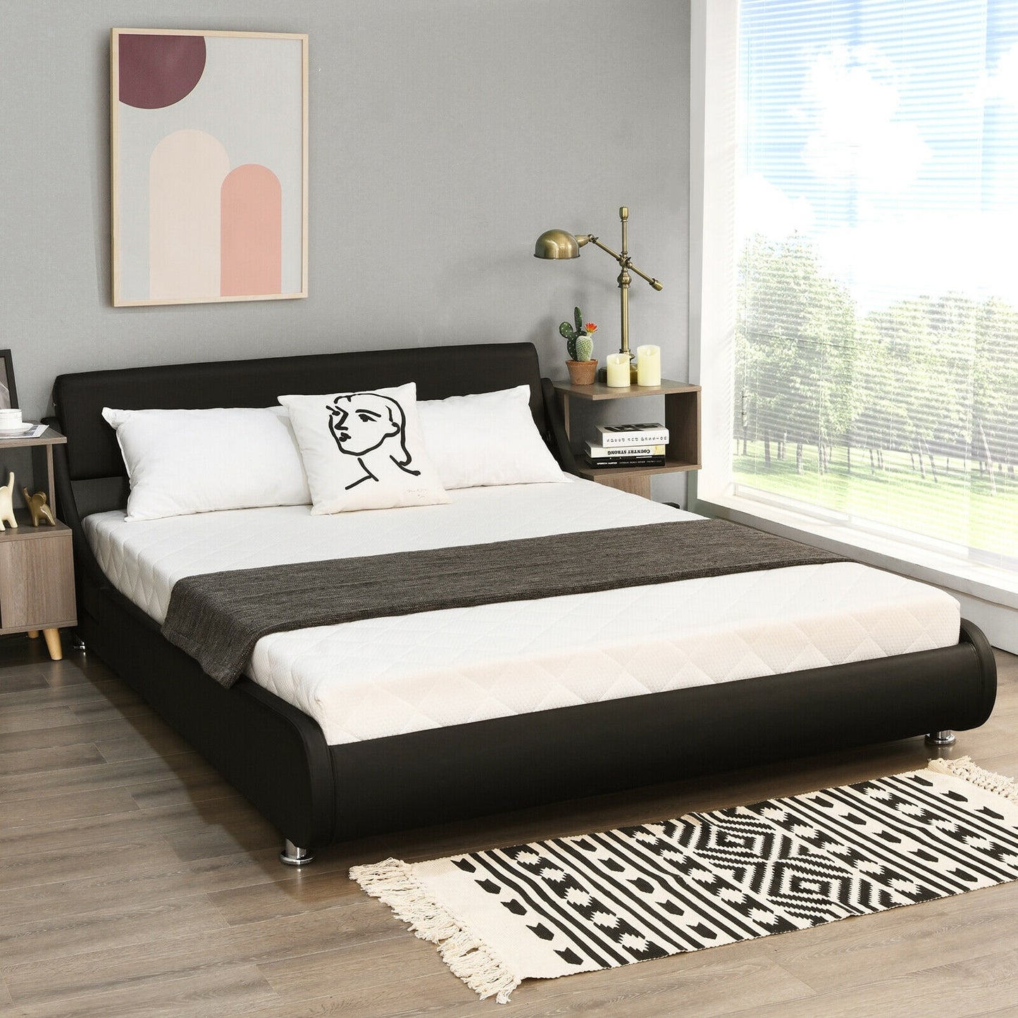 Elegant Queen Faux Leather Upholstered Platform Bed Frame with Adjustable Headboard
