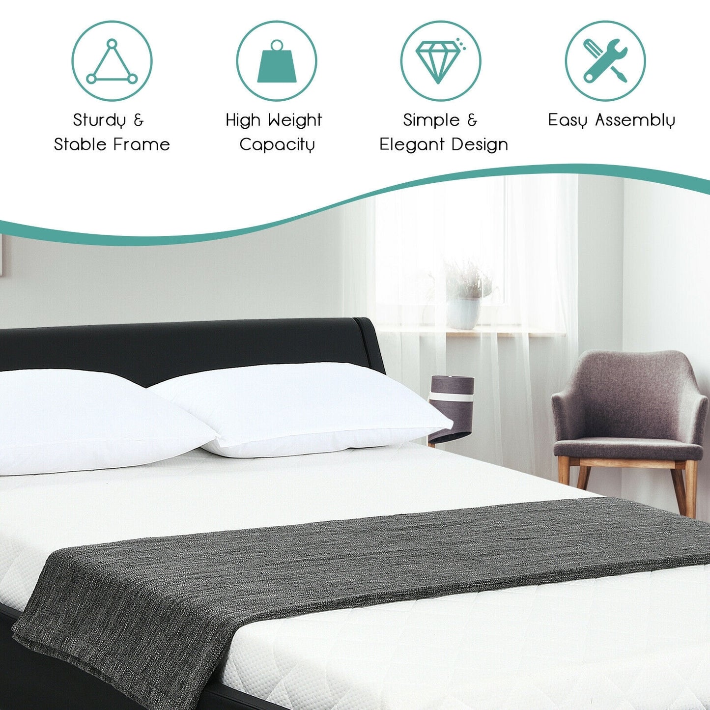 Elegant Queen Faux Leather Upholstered Platform Bed Frame with Adjustable Headboard