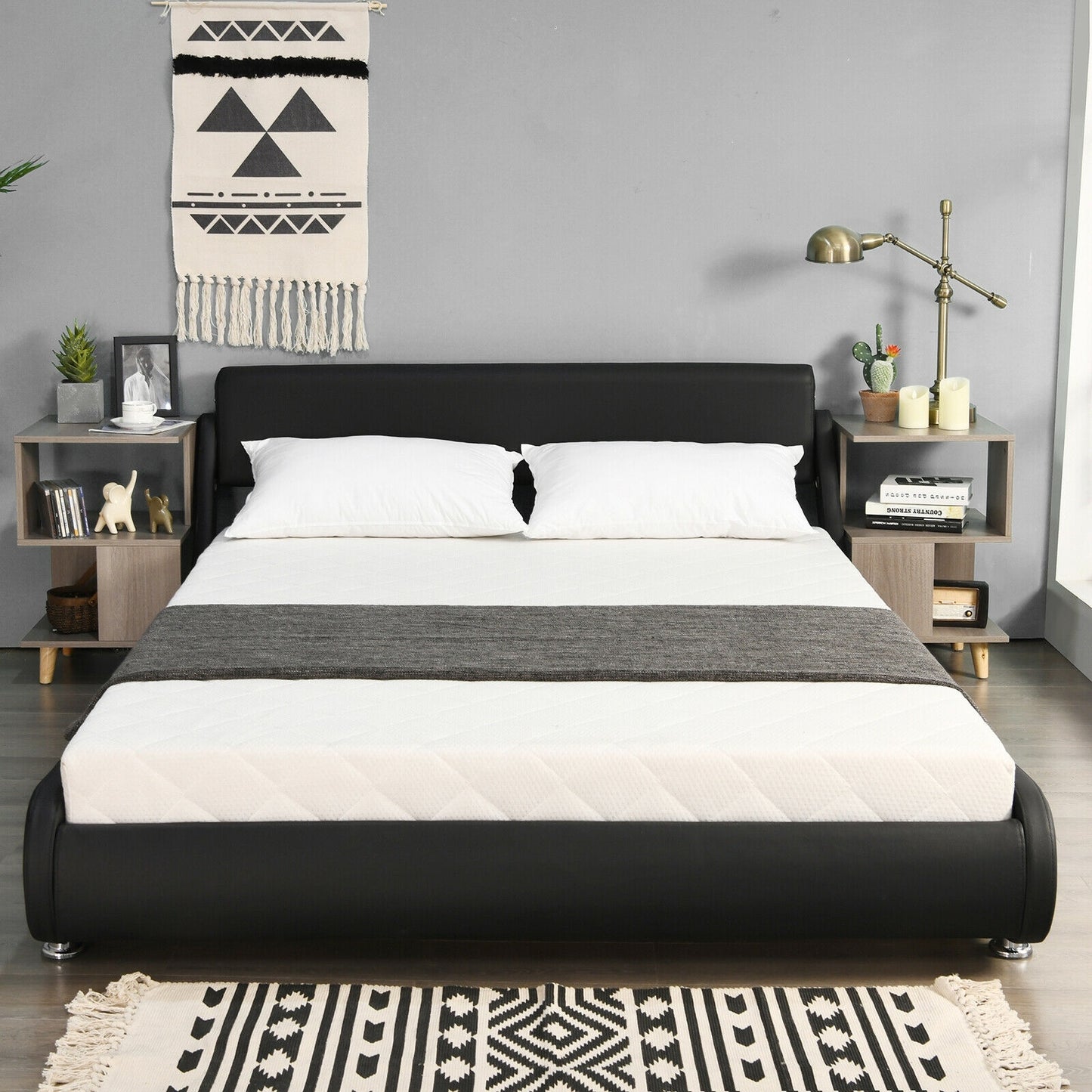 Elegant Queen Faux Leather Upholstered Platform Bed Frame with Adjustable Headboard