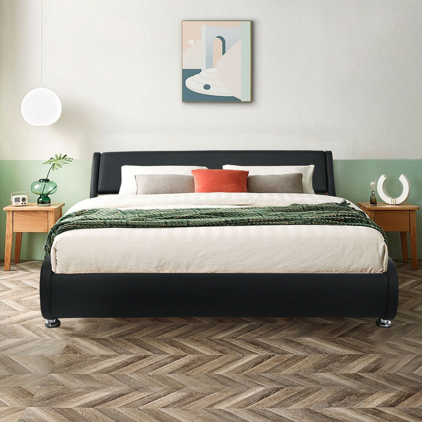 Elegant Queen Faux Leather Upholstered Platform Bed Frame with Adjustable Headboard