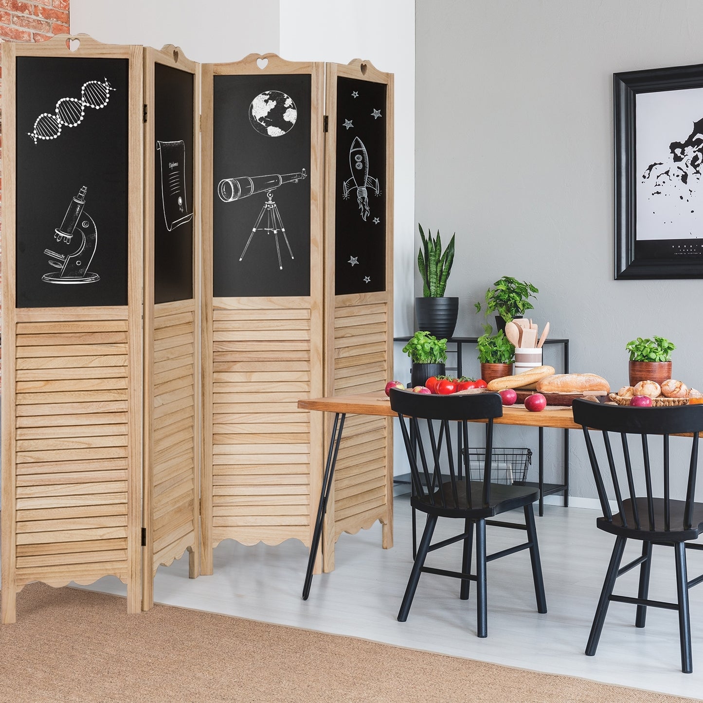 Premium 4-Panel Folding Room Divider with Writable Chalkboard and Louvered Design