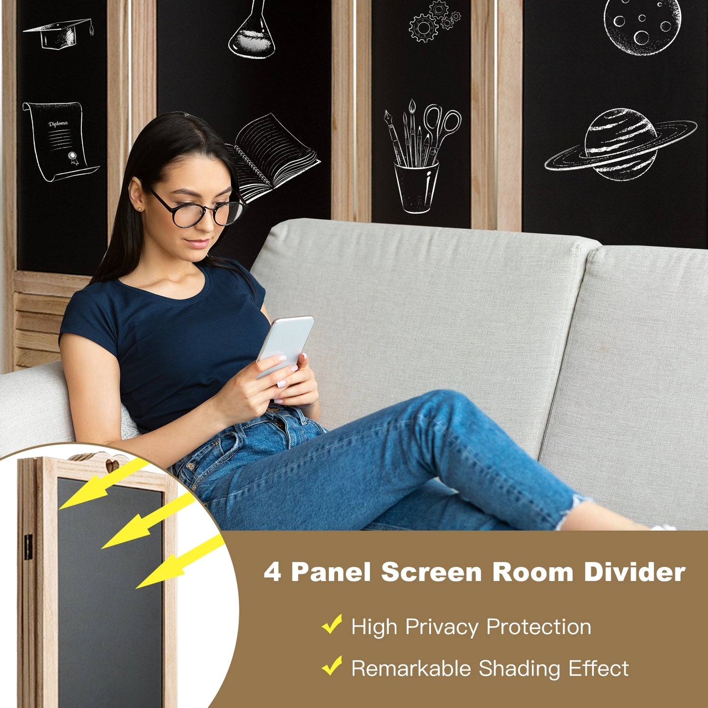 Premium 4-Panel Folding Room Divider with Writable Chalkboard and Louvered Design