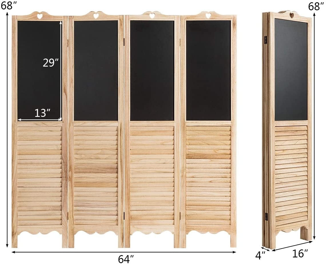 Premium 4-Panel Folding Room Divider with Writable Chalkboard and Louvered Design