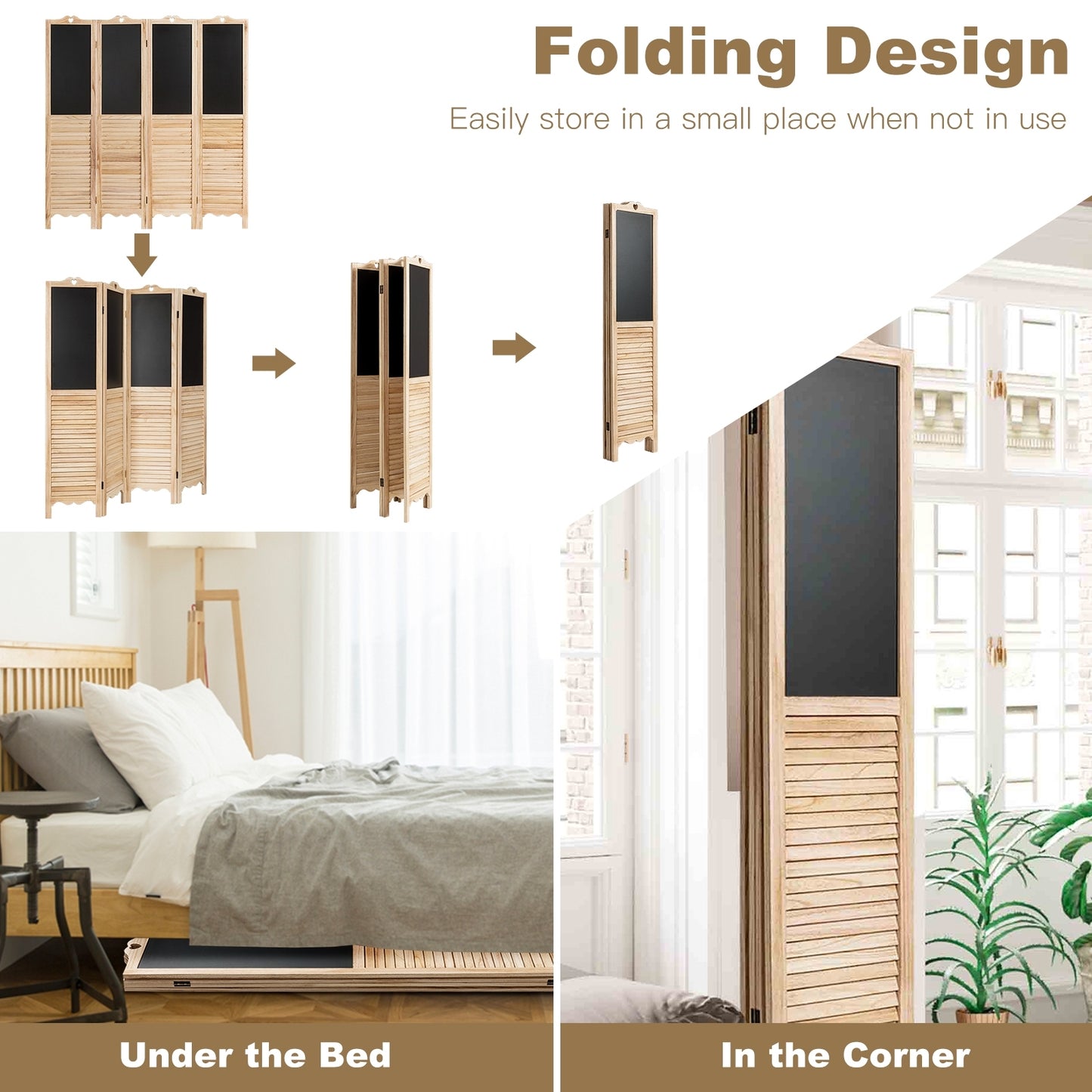 Premium 4-Panel Folding Room Divider with Writable Chalkboard and Louvered Design