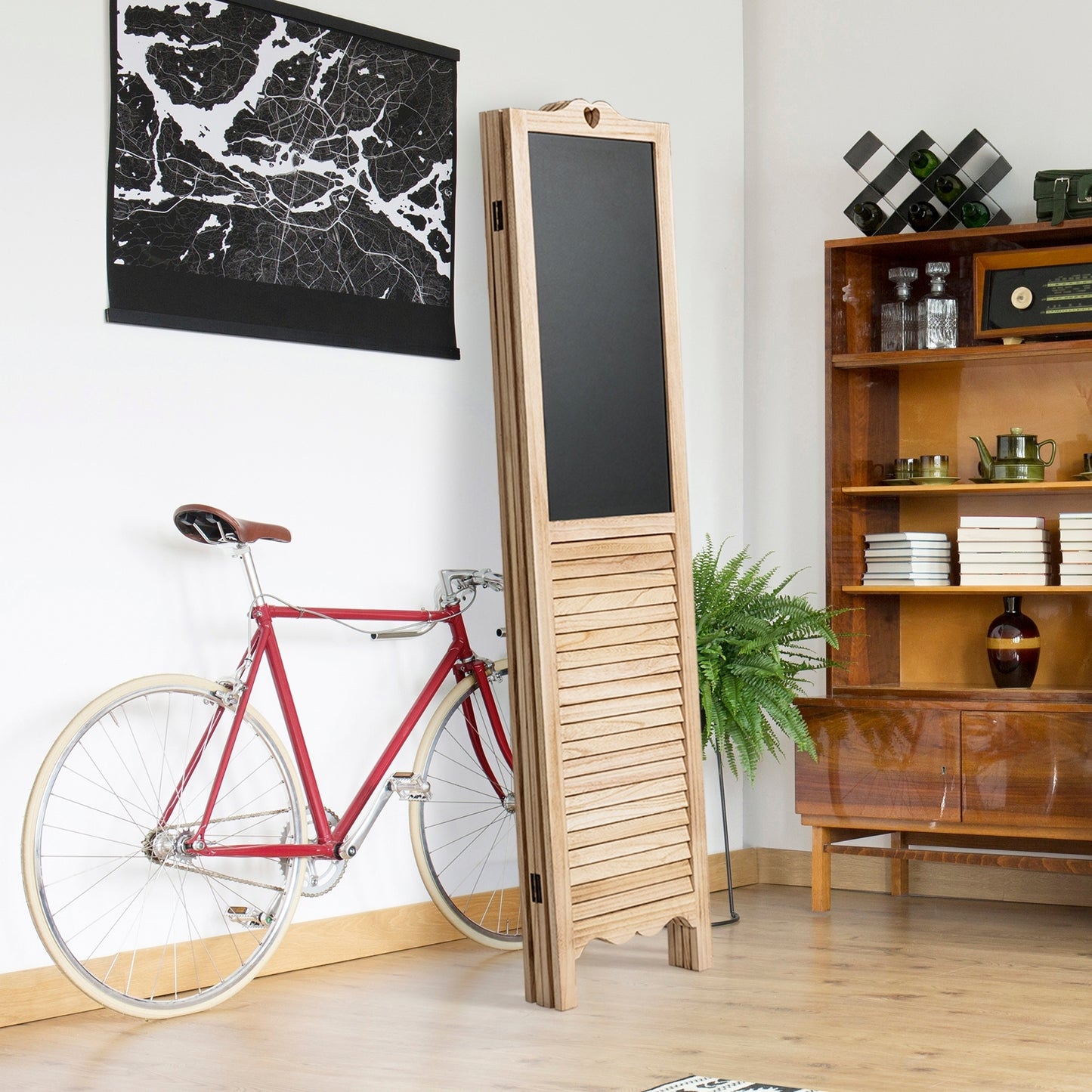 Premium 4-Panel Folding Room Divider with Writable Chalkboard and Louvered Design