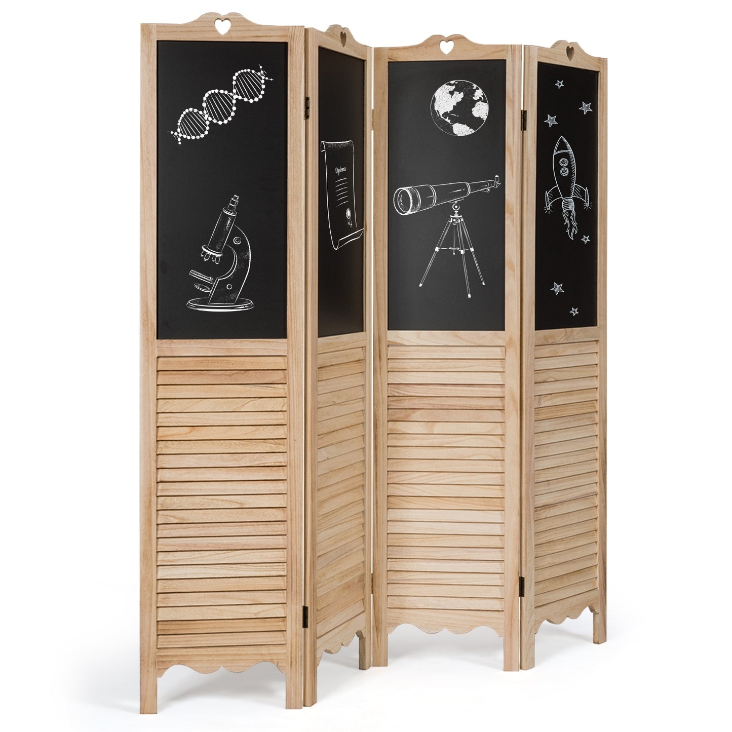 Premium 4-Panel Folding Room Divider with Writable Chalkboard and Louvered Design