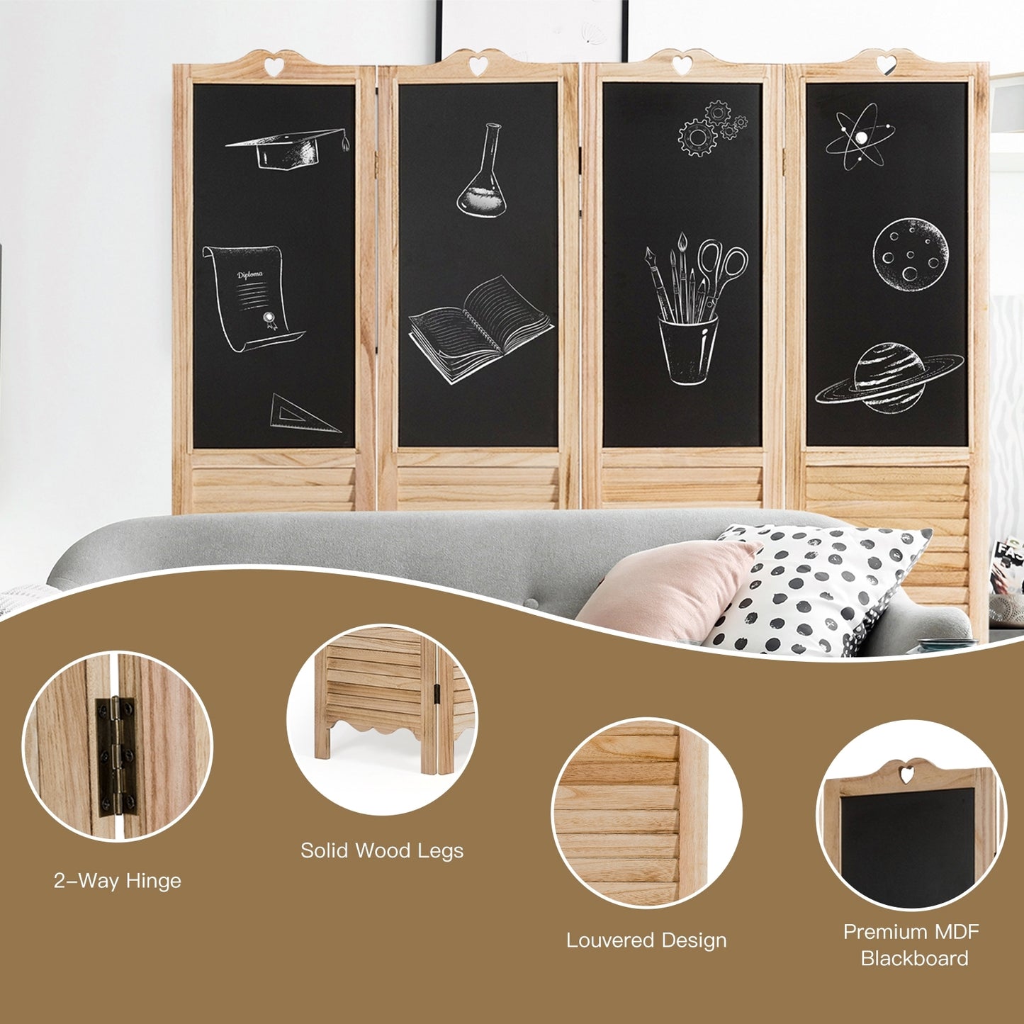 Premium 4-Panel Folding Room Divider with Writable Chalkboard and Louvered Design