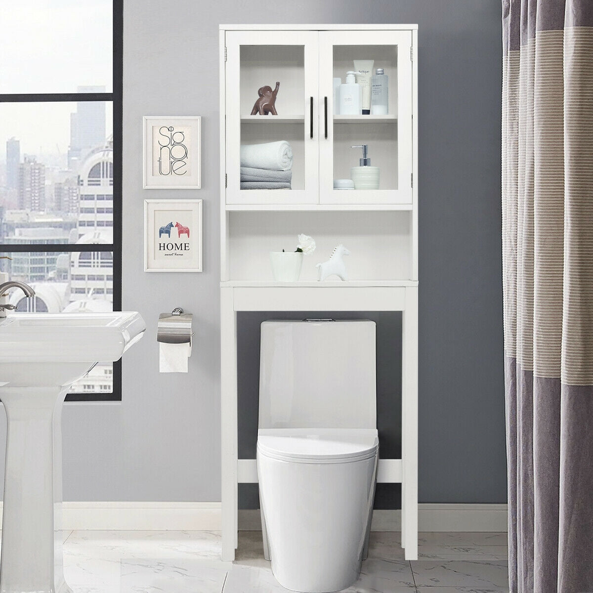 Space Saving Over-the-Toilet Storage Cabinet with Glass Doors