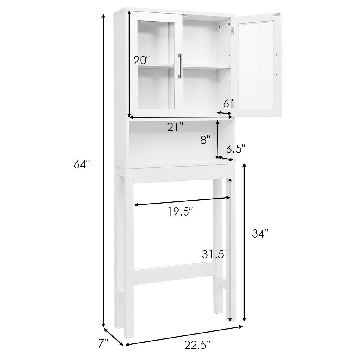 Space Saving Over-the-Toilet Storage Cabinet with Glass Doors