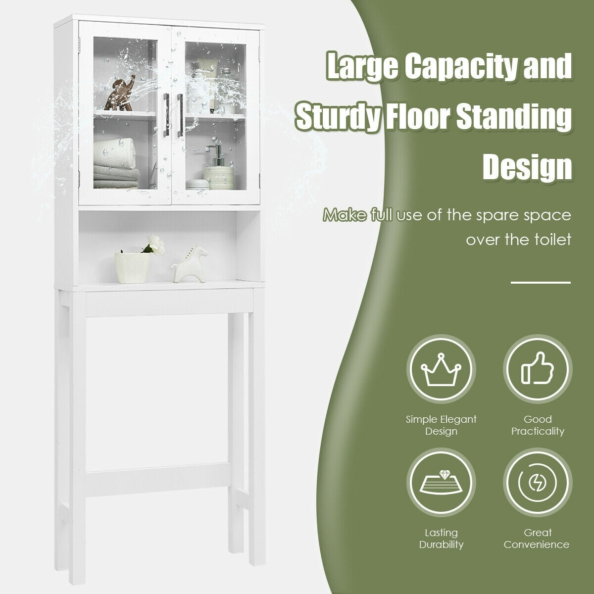 Space Saving Over-the-Toilet Storage Cabinet with Glass Doors
