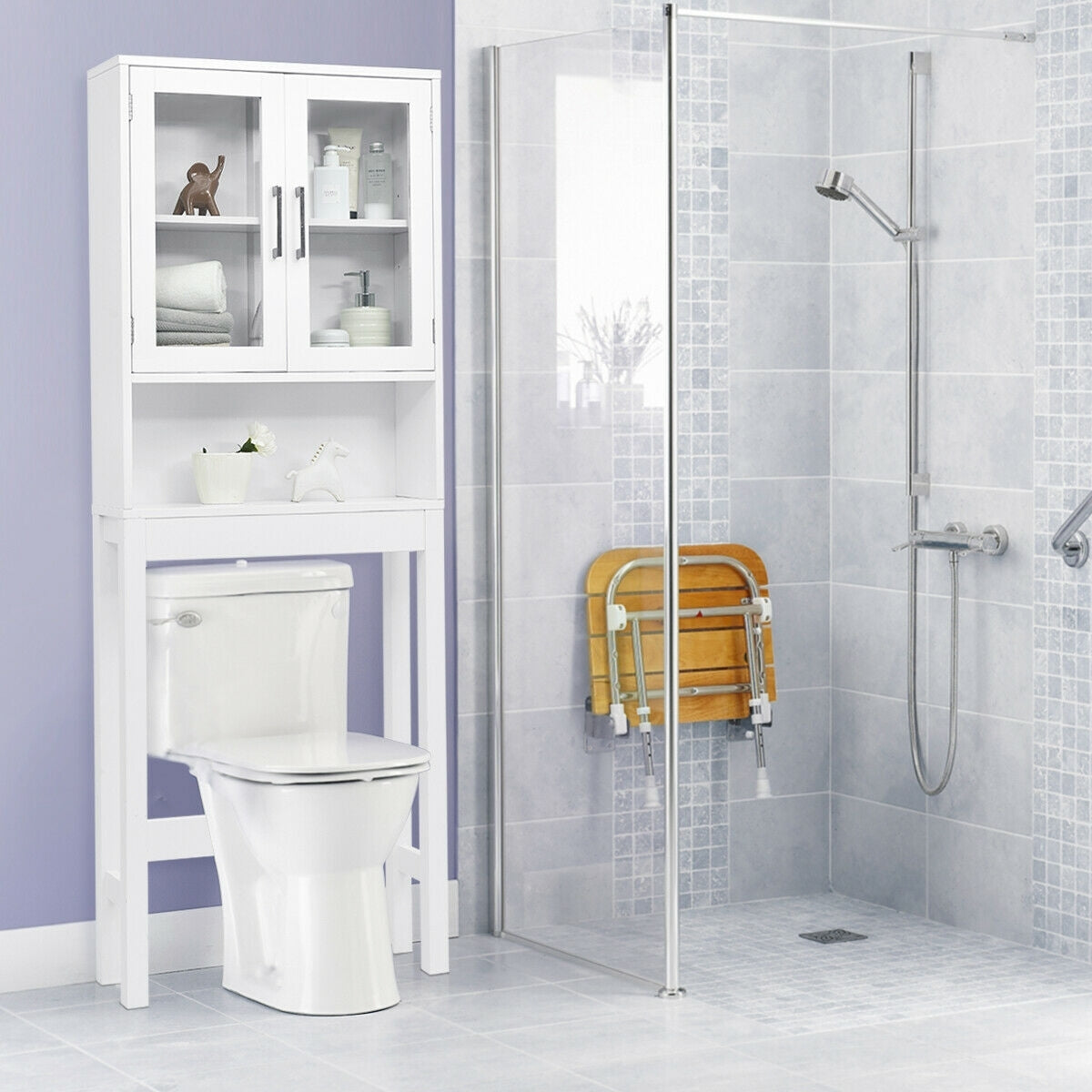 Space Saving Over-the-Toilet Storage Cabinet with Glass Doors