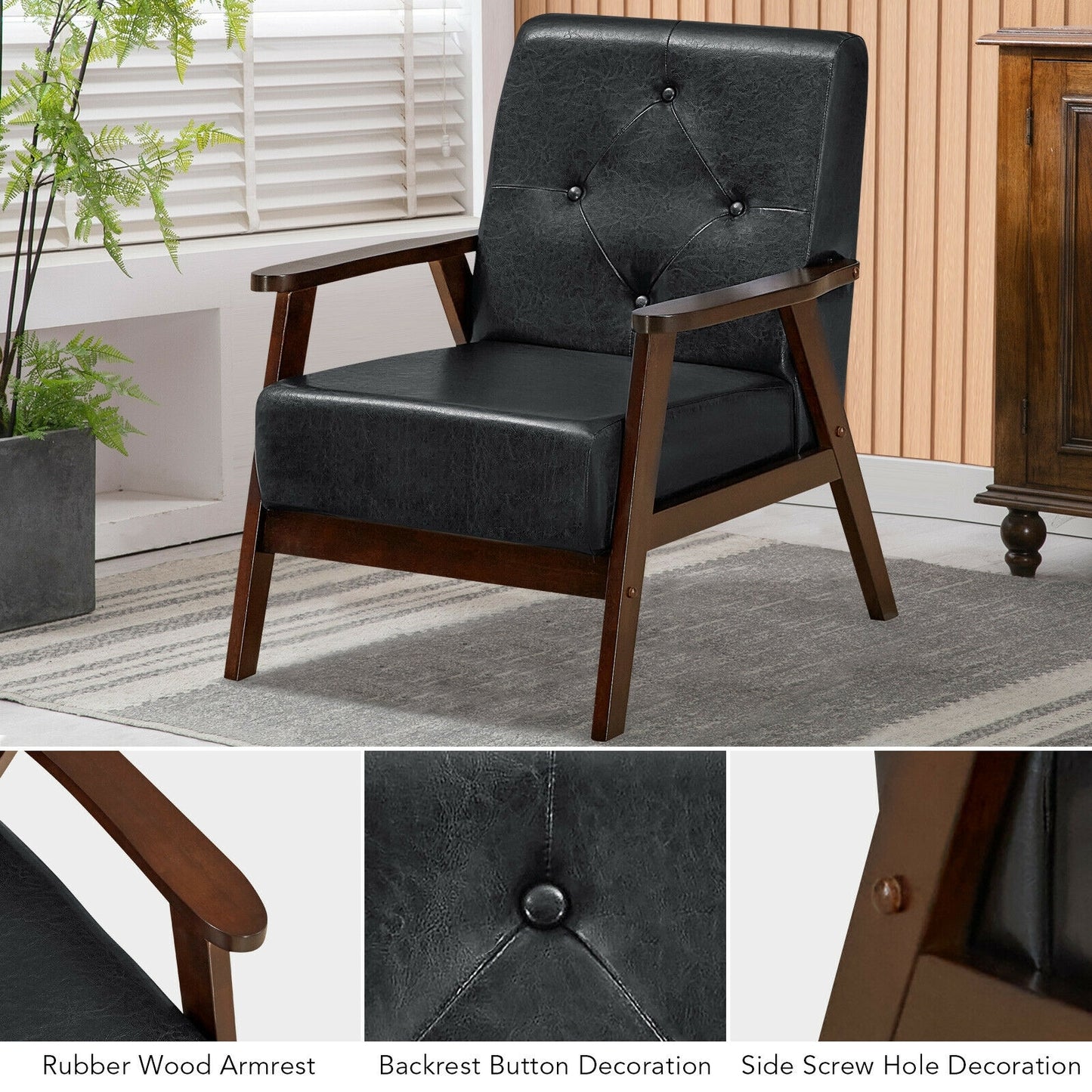 Mid-Century PU Leather Accent Armchair with Ergonomic Backrest and Solid Wood Armrests