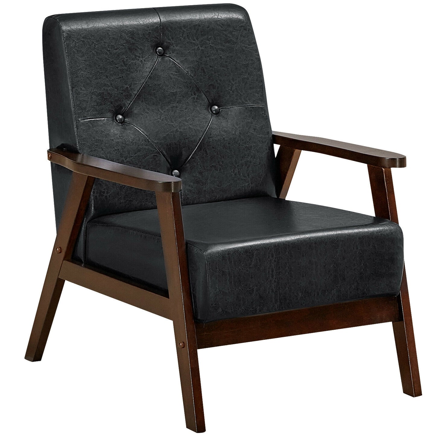 Mid-Century PU Leather Accent Armchair with Ergonomic Backrest and Solid Wood Armrests