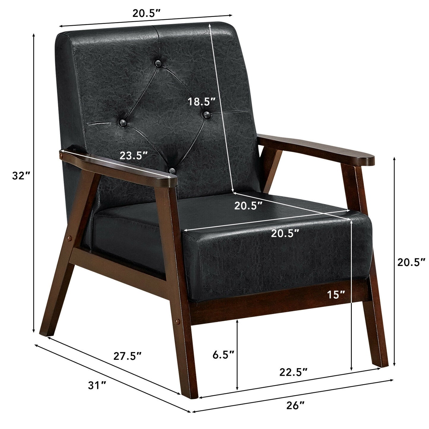 Mid-Century PU Leather Accent Armchair with Ergonomic Backrest and Solid Wood Armrests