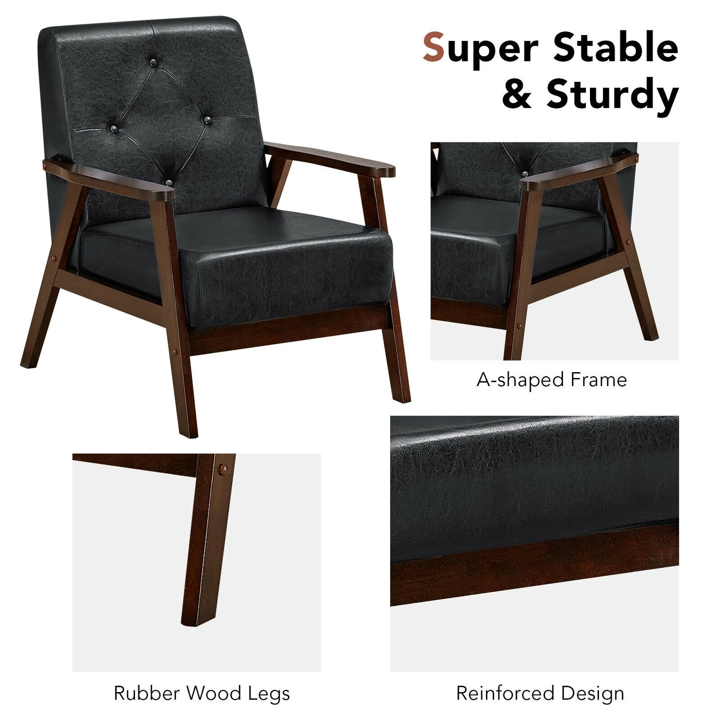 Mid-Century PU Leather Accent Armchair with Ergonomic Backrest and Solid Wood Armrests
