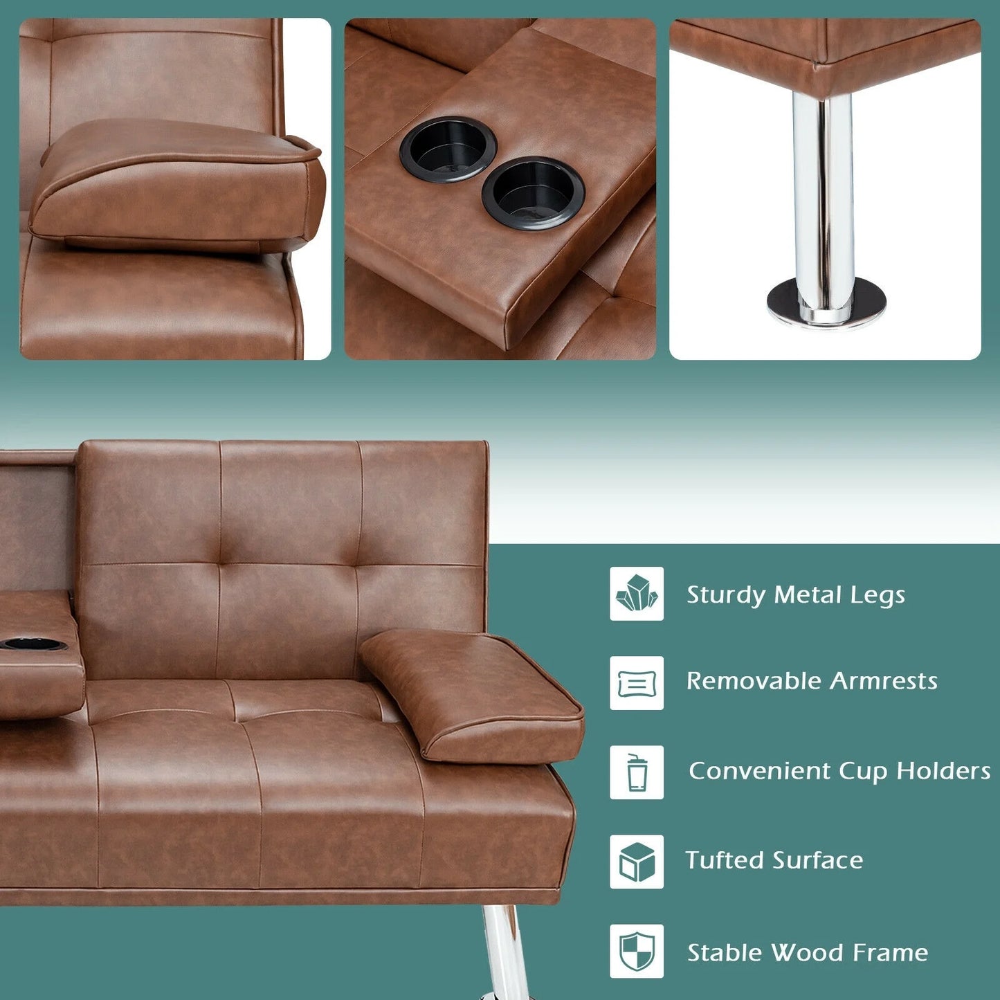 3-in-1 Convertible Leather Futon Sofa Bed with Cup Holders and Armrests – Brown