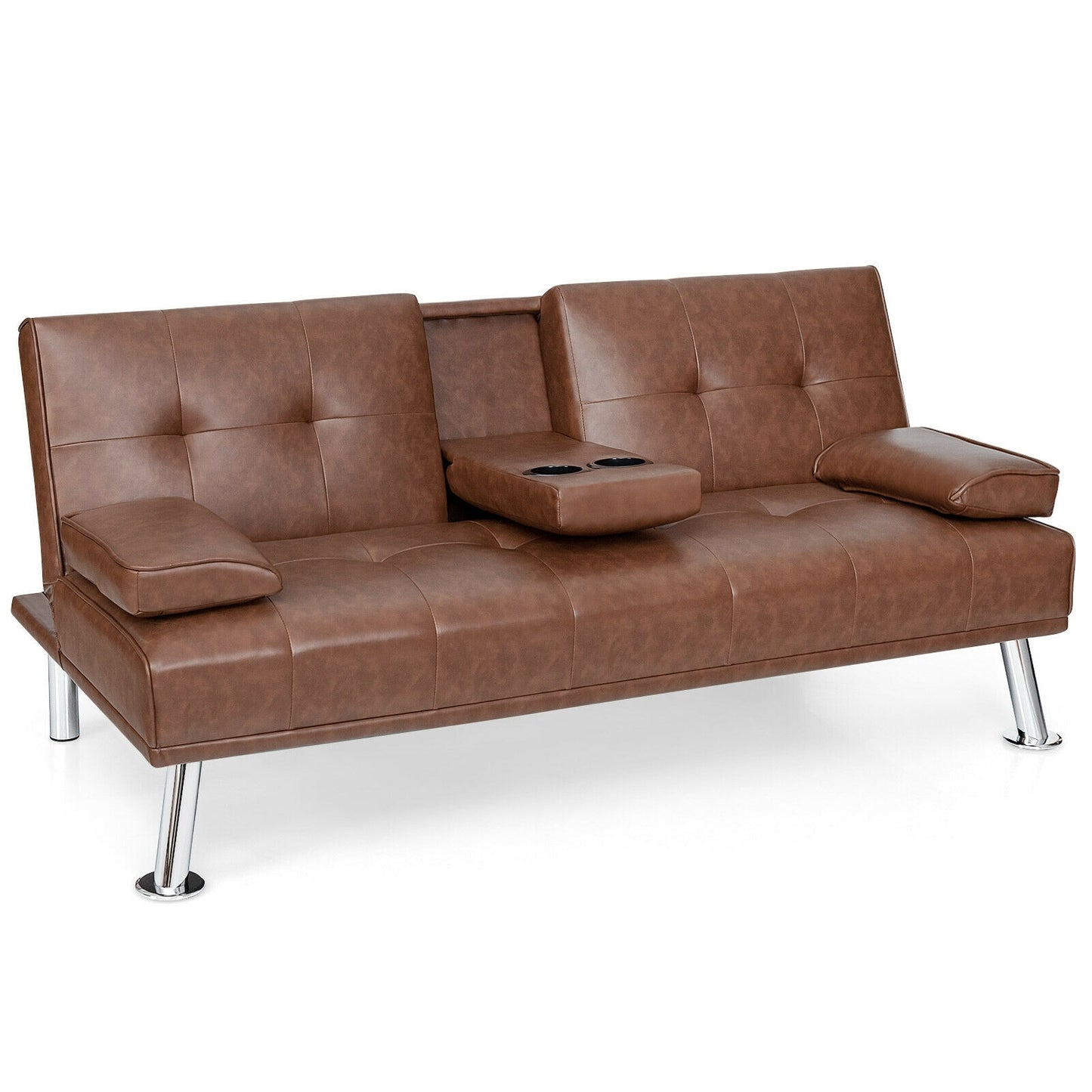 3-in-1 Convertible Leather Futon Sofa Bed with Cup Holders and Armrests – Brown