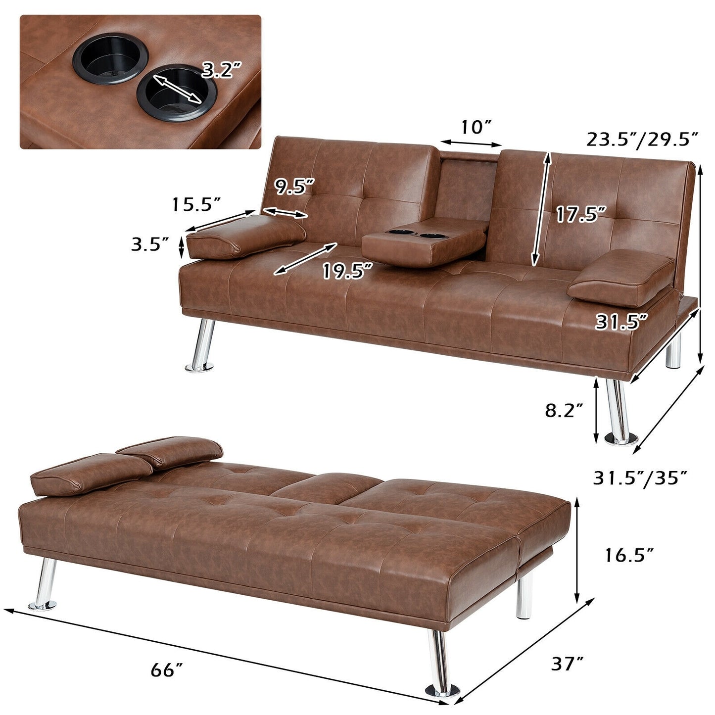 3-in-1 Convertible Leather Futon Sofa Bed with Cup Holders and Armrests – Brown